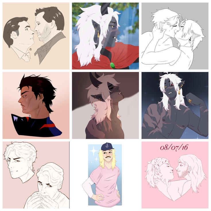 Both middle rows are finished, top right is lineart, the other three are sketches (top left corner, bottom left corner, and bottom right corner)